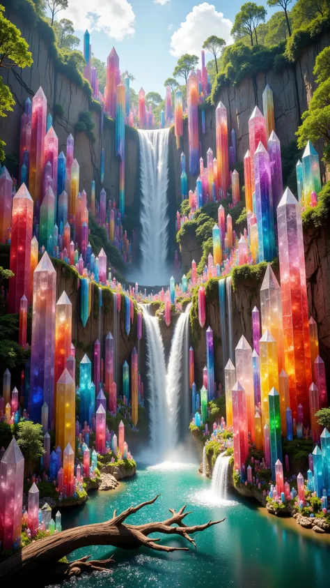 . A cliff that is 300 feet tall made up of gigantic quartz crystal points that are multicolored translucent pillars in a tropical rainforest. In the middle of these skyscraper sized quartz crystals is an incredible gushing cascading waterfall that pours do...