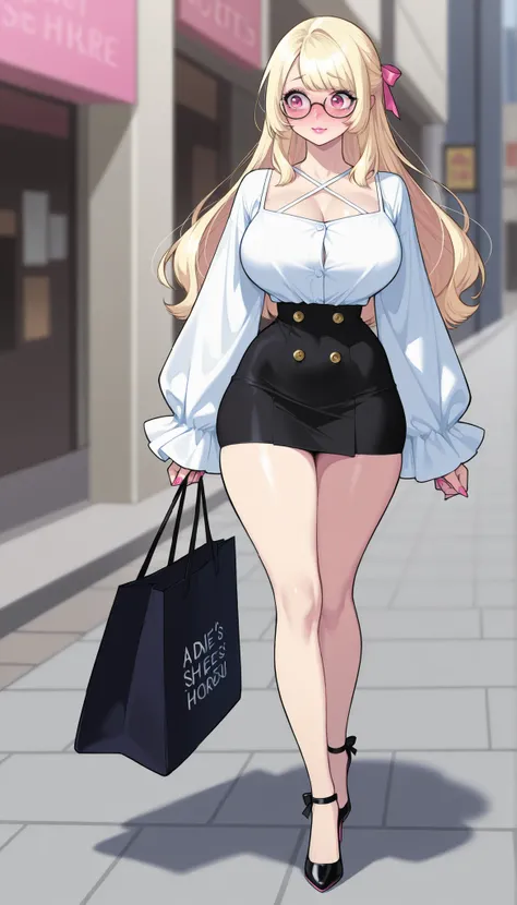 A young-adult beautiful cute woman with long silky pale-blonde hair, big pink eyes, pink lips, pink nails, extremely fair white natural skin, an extremely small waist, slightly wide round hips, slightly big breasts, and an insanely perfect hourglass figure...