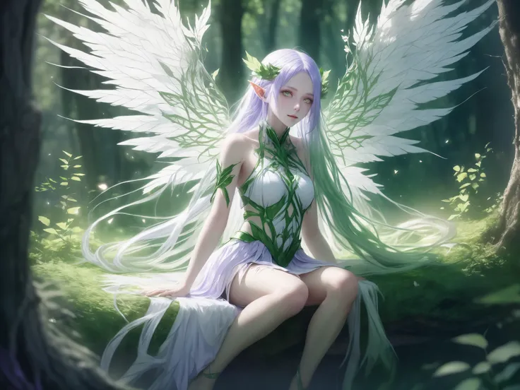 (ethereal youthful elf woman:1.2), laying down peacefully in a sun-dappled forest clearing, surrounded by lush greenery and flowers and glowing soft light, (magical atmosphere:1.1),
long light lavender hair styled symmetrically, middle part swept back,...