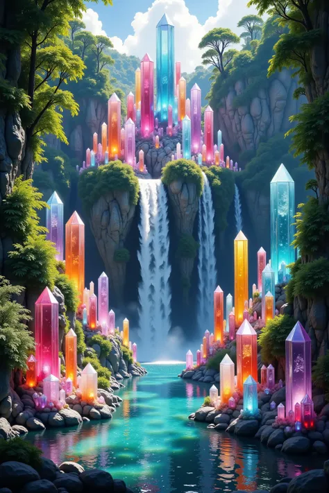 A cliff that is 300 feet tall made up of gigantic and translucent quartz crystal points that are multicolored pillars in a tropical rainforest. In the middle of these skyscraper sized quartz crystals is an incredible gushing, cascading waterfall that pours...