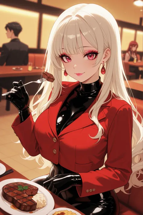 Anime-style woman sitting in a cozy, softly lit Restaurant. Sitting at the Restaurant, holding one fork in her right hand. There is food on the table in front of her. The table has a plate of of steak and mashed potatoes. She wears a glossy black latex cat...