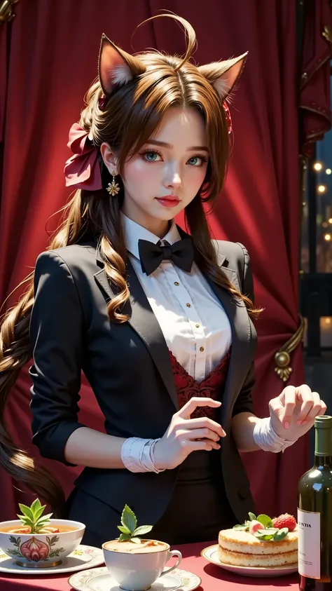 (1girl,Butler serving a distinguished family,wearing butler’s uniform ,white butler’s gloves,cat ears,cat tail,redbackground),wine bottle