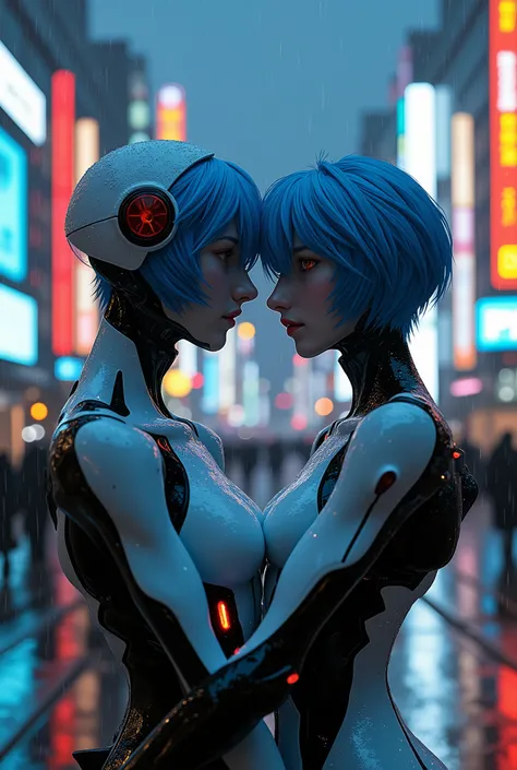 Optimal Prime, Ayanami Rei, hugging each other, Tokyo cityscape at dusk, bright lights, Futuristic holograms, cyberpunk buildings, light rain, neon lighting, cinematic art , high-quality photograph, 8K, hdr, Ultra-detailed, realista
