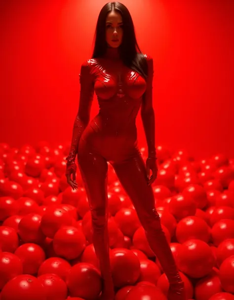 arafed woman in a red suit standing among red plastic balls, steven klein, chris cunningham, set on h. r. giger aesthetic, altered carbon style, rubber and latex, style of suspiria and neon demon, inspired by Andrei Kolkoutine, futuristic glossy latex suit...