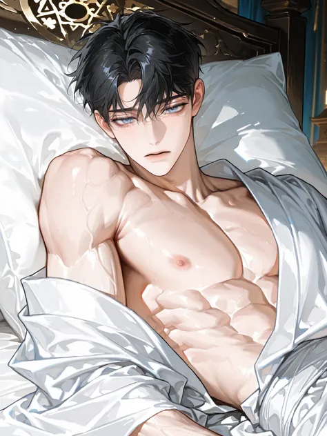 1 person,Very thin Greek white robe, black hair,handsome,Luxurious bedroom ,temple,Lying in Bed,Close-up facial depiction of a dot,성인 male,27 years old,handsome,Seductive gaze,Sweet impression,alone,alone male,short hair,right Garma,mature,blue-gray eyes,b...
