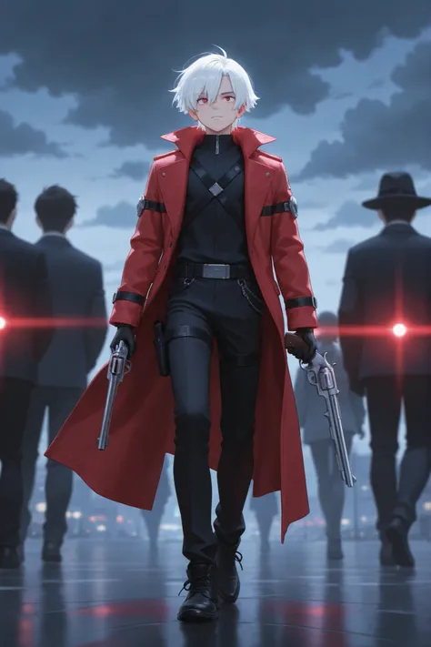 Full body photo,Time is modern,White hair, The left eye is red and the right eye is blue,a boys,Wear a piece of clothing with personal style and accessories,There are many iron decorations on the clothes,Holding a large revolver,The revolver has a sci-fi l...
