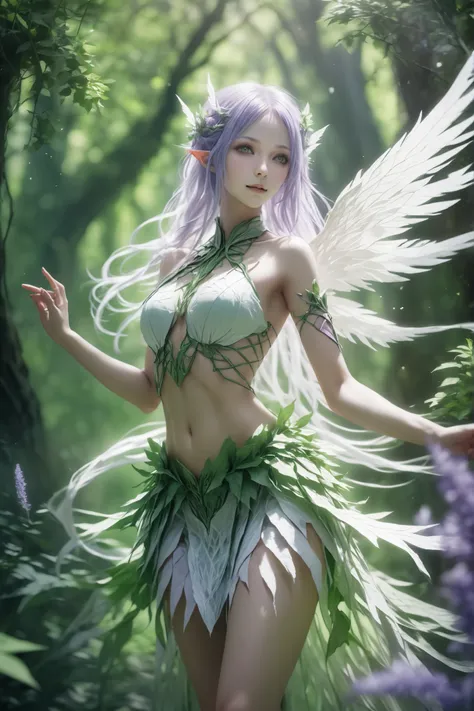 (ethereal youthful elf woman:1.2), dancing in a sun-dappled forest clearing, surrounded by lush greenery and flowers and glowing soft light, (magical atmosphere:1.1),
long light lavender hair styled symmetrically, middle part swept back, side strands f...