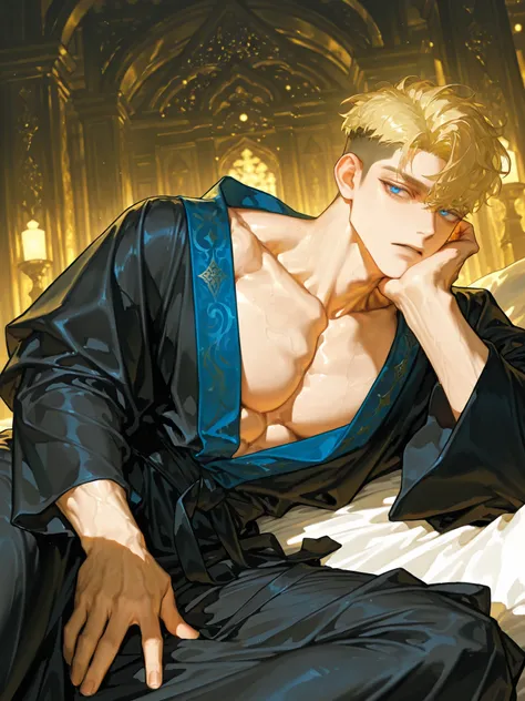 1 person,very thin Greek black robe,Blonde,handsome,Luxurious bedroom ,temple,Lying in Bed,성인 male,34 year old ,handsome,sharp eyes,Calm vibe ,strong impression,alone,alone male,short hair,undercut hair,left Garma,mature, blue eyes ,bright skin,light muscl...