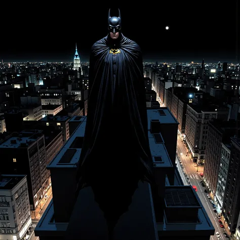 jimlee style, comicbook illustration, the main subject is batman, batman standing on highest skyscraper rooftop, he is surrounded by shadows and his cowl making his face completely black with only two white visible, he is wearing armored suit and long torn...