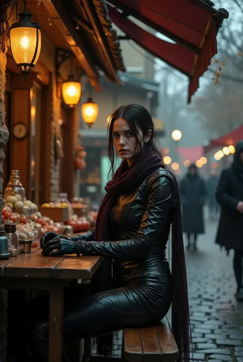 Sitting at an outdoor market, the individual wears an intricately detailed dark leather outfit, adorned with a rich, textured scarf. Gloves complement the look, as they lean over a rustic wooden table, surrounded by warm glowing lanterns. The dim lighting ...