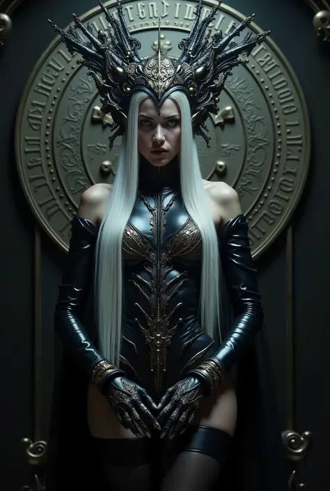 ornate headpiece, long straight white hair, intricate dark outfit with metallic details, gloves with embellished fingers, decorative circular background, dark moody lighting, fantasy atmosphere, focus on elaborate costume design