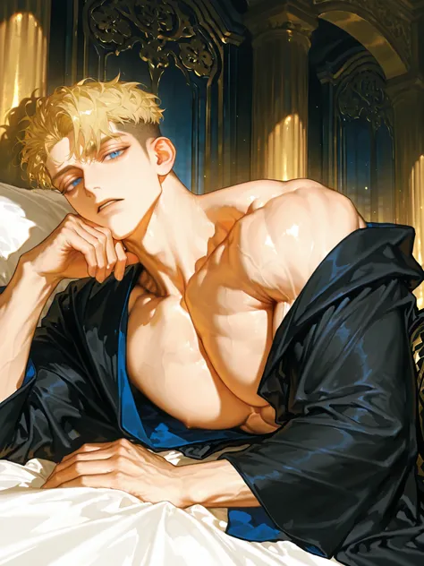 1 person,very thin Greek black robe,Blonde,handsome,Luxurious bedroom ,temple,Lying in Bed,성인 male,34 year old ,handsome,sharp eyes,Calm vibe ,strong impression,alone,alone male,short hair,undercut hair,left Garma,mature, blue eyes ,bright skin,light muscl...