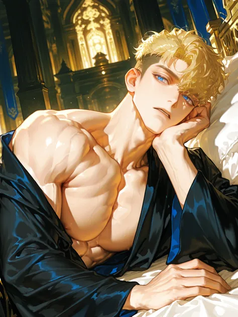 1 person,very thin Greek black robe,Blonde,handsome,Luxurious bedroom ,temple,Lying in Bed,성인 male,34 year old ,handsome,sharp eyes,Calm vibe ,strong impression,alone,alone male,short hair,undercut hair,left Garma,mature, blue eyes ,bright skin,light muscl...