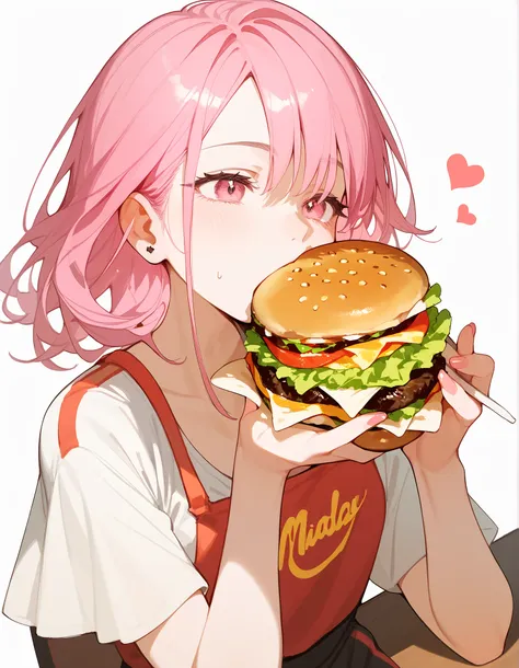 girl with pink hair eats a burger at McDonald's.
