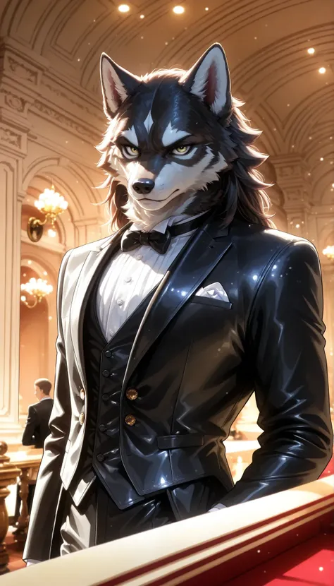The Wolf Butler, Farley, Hand of the Beast, dandyism , butler, The Wolf Butler, Dandy Appearance, Wears a Tailored Suit, serious expression, Sophisticated Behavior, Elegant Manners, butlerとしての気品, Anime Style, CG illustrationアート, excellent depiction, Realis...