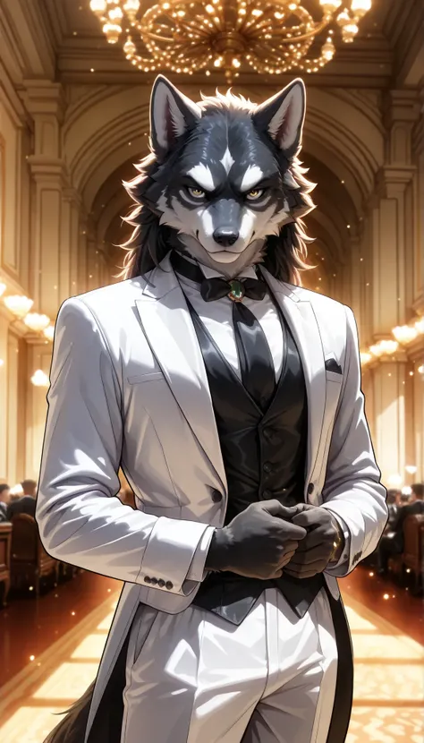 The Wolf Butler, Farley, Hand of the Beast, dandyism , butler, The Wolf Butler, Dandy Appearance, Wears a Tailored Suit, serious expression, Sophisticated Behavior, Elegant Manners, butlerとしての気品, Anime Style, CG illustrationアート, excellent depiction, Realis...