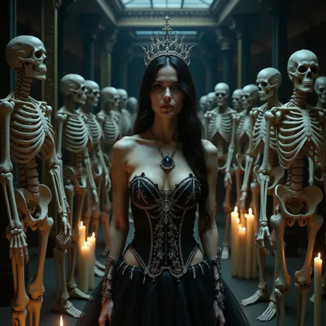 woman looking at a display of skeletons and candles in a museum, with a skeleton army, wearing a skeleton armor, intricate skeletal decorations, saint skeleton queen, steven klein, dress made of bones, still from the movie ex machina, samara weaving vampir...