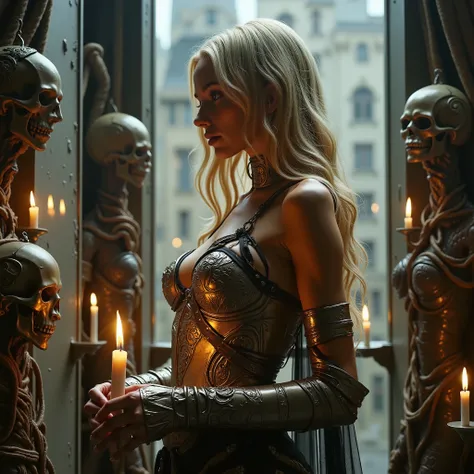 blonde wavy hair, wearing detailed metallic armor, holding a lit candle, standing in front of intricately designed skull sculptures with more candles, indoor setting with reflective glass, urban background with soft natural light, creating a mysterious and...
