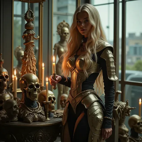 blonde wavy hair, wearing detailed metallic armor, holding a lit candle, standing in front of intricately designed skull sculptures with more candles, indoor setting with reflective glass, urban background with soft natural light, creating a mysterious and...