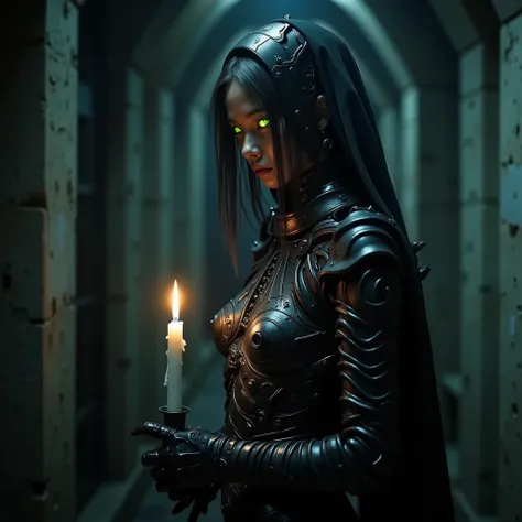 Korean dressed in a costume holding a candle in a room, practical effects, still from a fantasy movie, sci-fi cinematic movie still, captured on canon eos r 6, wearing witchblade armor, girl in knight armor, in style of dark souls 3, movie still of a alien...