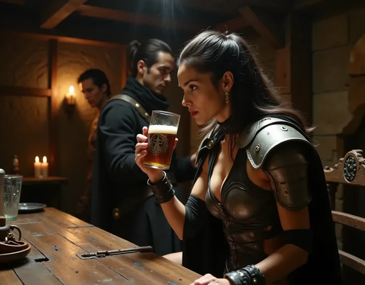 there is a woman sitting at a table with a mug of beer, still from a fantasy movie, arcane from netflix, from netflix's arcane, still from a live action movie, from witcher (2021), film still dnd, film still dnd movie, snow white as a d & d fighter, movie ...