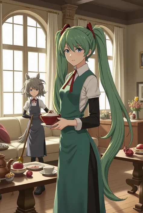 ( masterpiece、 best quality、 best quality、Official Art、 beautiful beautiful :1.2) Hatsune Miku、light green twin tail, beautiful breasts, concentrate on dog butler (stare at the rice bowl) gracefully brewing tea, butler holds a file、Observe the whole, do...