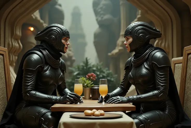 arafed man and woman in armor sitting at a table with beer, scene from dune 2 0 2 1 movie, still from a fantasy movie, film still dnd, film still from dune 2020, still from a live action movie, film still from movie dune-2021, eve online movie still, film ...