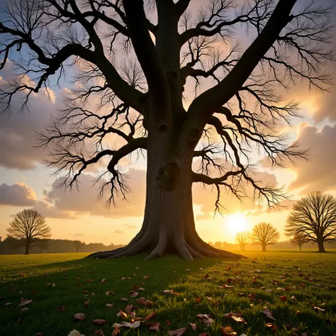 Background Environment:

Old tree (represents wisdom and time)

Sky of the dusk with golden beams of light

Lawn with very small flowers, fallen leaves