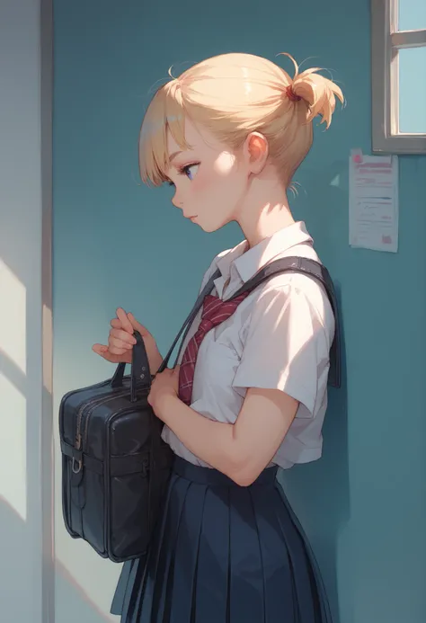 girl, school clothes, blonde, very short hair, very short hairstyle