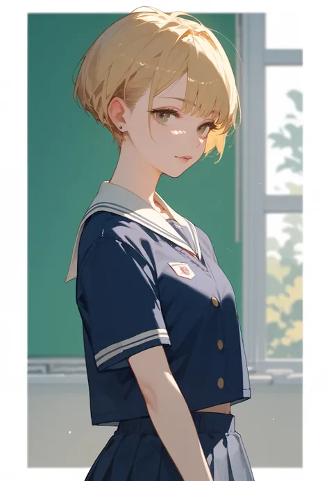 girl,  school clothes, blonde, very short hair, very short hairstyle
