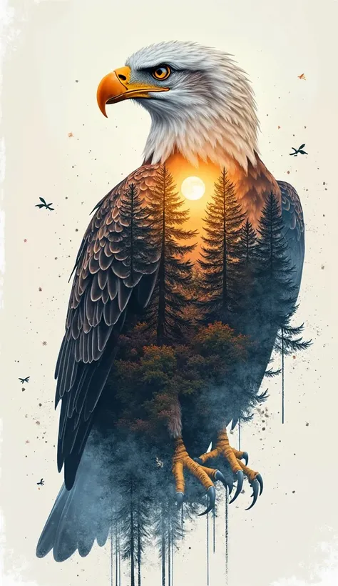 "Double exposed full body portrait of an insanely majestic bald eagle with american landscape and luminous american landscape", JK Russ Mills, CGSociety, Minjae Lee Chalida Mingmalee, Anna Dittmann, Jordan Grimmer, Splash Art, Reverse Graffiti, by Alex Maleev, Yoji Shinkawa 88 light brown, blue and brown details|