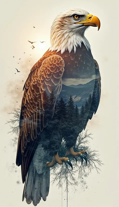 "Double exposed full body portrait of an insanely majestic bald eagle with american landscape and luminous american landscape", JK Russ Mills, CGSociety, Minjae Lee Chalida Mingmalee, Anna Dittmann, Jordan Grimmer, Splash Art, Reverse Graffiti, by Alex Maleev, Yoji Shinkawa 88 light brown, blue and brown details|