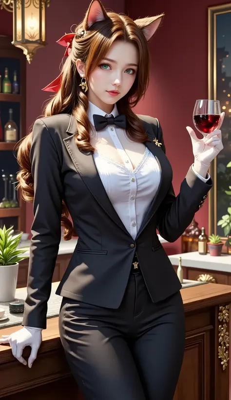 (Butler:1.3),(1girl,Butler serving a distinguished family,wearing butler’s uniform ,butler’s suit,butler’s pants,medium hair ,curvy,curvy hip,white butler’s gloves,cat ears,cat tail,redbackground),(wine bottle)