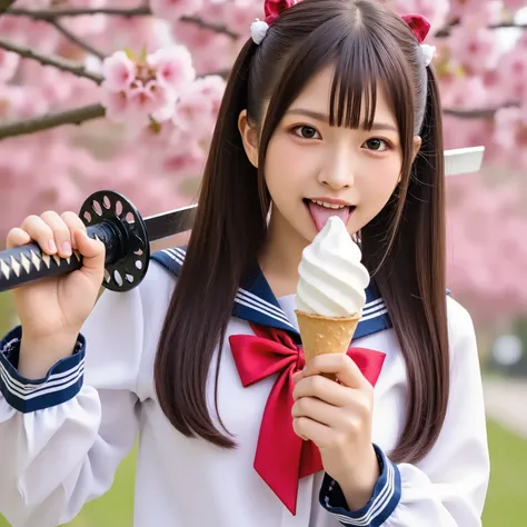 has a large red ribbon on her head,anatomically accurate hands , She wears a white long-sleeved sailor suit with a red bow, attaches a large red ribbon to the center of her head, carries a long Japanese sword on her shoulder, and licks soft serve ice cream...
