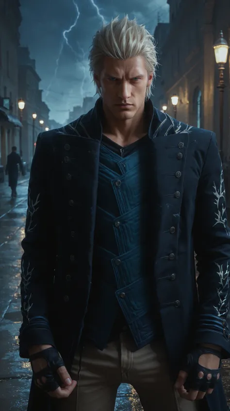 score_9, score_8_up, score_7_up, source_anime, solo, male focus, 1boy, dmc5vergil, expressionless, looking at viewer, standing, black coat, fingerless gloves, pants , night , storm at background 