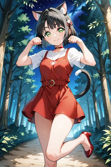 official style,(momose ginko),link! like! love live!, very aesthetic, black hair, green eyes, (She is wearing a white t-shirt under a red tank mini dress),red tank mini dress,white t-shirt,red high heels,red ribon choker,with a smile,paw pose, leg lift,(cat pose),笑顔で,猫のような口をしています,猫耳,全身,forest,night, under the starry sky, {{{傑作}}}, {{{最高品質}}}, {{ウルトラ高精細度}}, {イラスト}, {{非常に繊細で美しい}},美しい顔, 完璧な顔, 非常に精巧で美しい顔と目, 魅力的な顔, 詳細な肌,1 girl