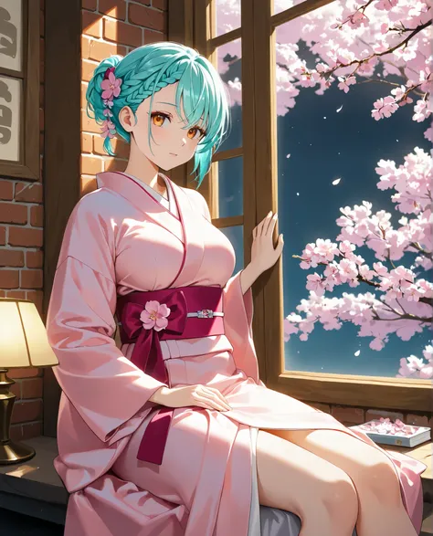 1girl, (solo:1.2), absurdres, aqua hair, short hair, braided bangs hairstyle, orange_eyes, golden_eyeshadow, large_breasts, brick_wall cherry_blossoms flower japanese_clothes kimono lamp pink_flower ponytail red_kimono scenery sitting sitting_in_window so...