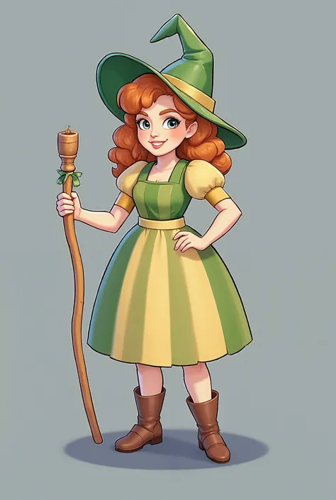 Smiling young female witch, 25 years old, cartoon style, wearing a vibrant green pointed hat,  orange-red curly hair in pigtails, and a light green apron over a tan, striped dress.  Detailed depiction of a  medieval-fantasy style costume; the green and tan...