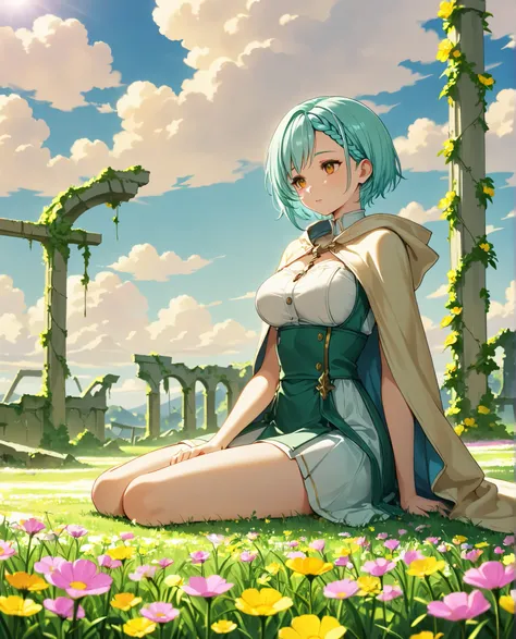 1girl, (solo:1.2), absurdres, aqua hair, short hair, braided bangs hairstyle, orange_eyes, golden_eyeshadow, large_breasts, cloak cloud cloudy_sky day fantasy field flower grass outdoors overgrown pink_flower ruins scenery sitting sky yellow_flower