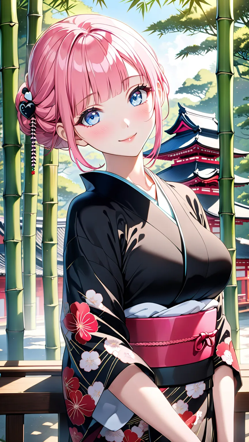 anime,girl in black,smile,(((pink hair at the base))),(blunt bangs),(Fine braid half up),(half updo),(silky hair),(((light blue eyes))),(glossy skin:1.5), shiny skin,((Delicate and Refined Lashes)),natural makeup, curvy,large breast,1 Platinum necklace with a very tiny platinum plate heart,only have one necklace,A Kyoto temple surrounded by bamboo groves, a beautiful black kimono with red accents, a black obi, a red obi-jime, a beautiful Japanese hair accessory, beautiful traditional Japanese patterns, clear air, soft morning light,shadow,masterpiece、(((best quality)))、uncensored,(((pink hair))),(((light blue eyes)))
