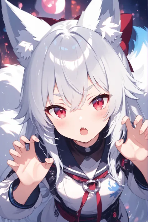 thin and soft painting style 、White fox girl 、 grey hair、 Smooth Long Hair 、 fox ears、 fluffy fox tail 、Ruby Eyes、squint、cute、claw pose