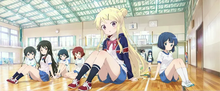 1girl,Kujou Karen
very long hair,blonde hair,single hair bun,hairclip,x hair ornament,sidelocks,side swept bangs,black eyes
kin-iro mosaic high school uniform,black jacket,cropped jacket,white shirt,collared shirt,pink bowtie,neck ribbon,pink ribbon,long s...