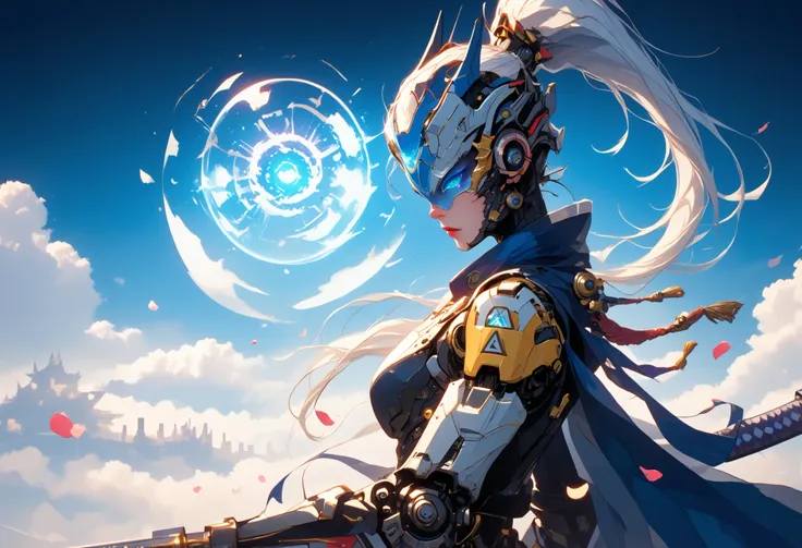 A resolute female cyborg with a mechanical dragon head arm, her expression tense and focused, clutching a giant katana that dominates the composition, its enormous blade intricately etched with glowing cosmic runes that shimmer with a neon blue light, the ...
