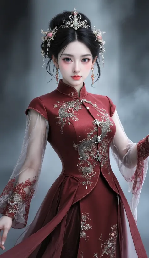 masterpiece, best quality, 1girl, wearing a magnificent traditional Chinese wedding dress, deep red brocade fabric with intricate dragon and phoenix embroidery, pearls and gemstones embellished on the skirt, high - necked collar with delicate knot buttons,...