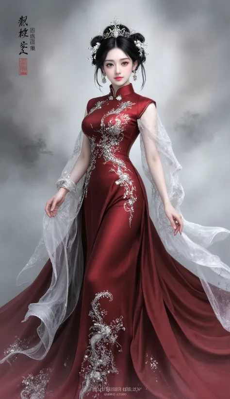 masterpiece, best quality, 1girl, wearing a magnificent traditional Chinese wedding dress, deep red brocade fabric with intricate dragon and phoenix embroidery, pearls and gemstones embellished on the skirt, high - necked collar with delicate knot buttons,...