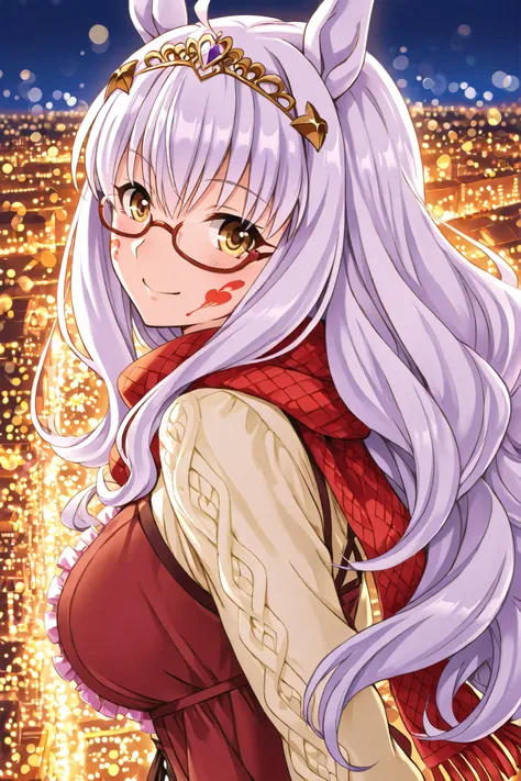 Biwa Hayahide (Uma Musume), casual outfit with a scarf, smiling brightly, turning back, night cityscape, Christmas illuminations with bokeh effect, soft warm glow on her face, romantic date atmosphere, shallow depth of field, anime style, highly detailed, ...