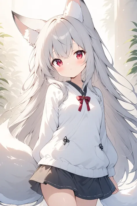 thin and soft painting style 、White fox girl 、 grey hair、 Smooth Long Hair 、 fox ears、 fluffy fox tail 、Ruby Eyes、squint、cute、arm behind back