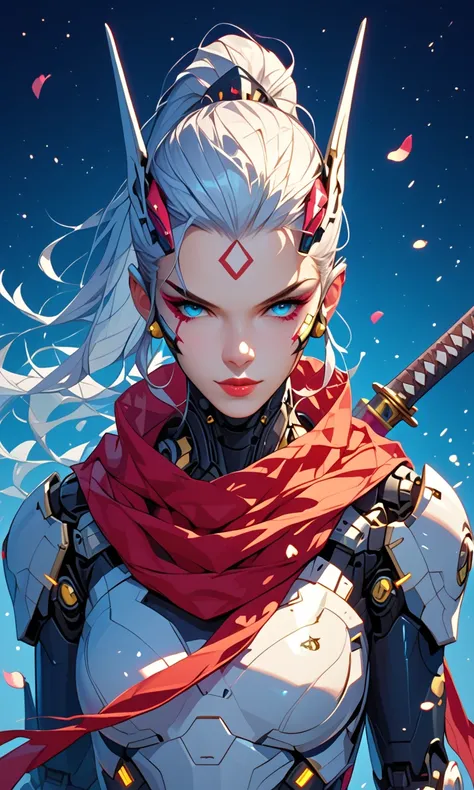 A resolute female cyborg with a mechanical dragon head arm, her expression tense and focused, clutching a giant katana that dominates the composition, its enormous blade intricately etched with glowing cosmic runes that shimmer with a neon blue light, the ...