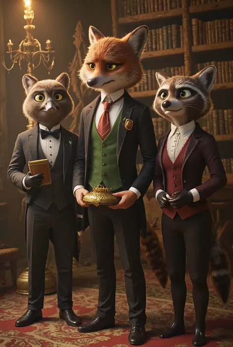 “Design an entire manor staff composed of animal butlers. For each room (library, conservatory, grand hall), assign a different creature (owl librarian, fox head-butler, raccoon wine steward) with unique uniforms, specialties, and quirks. Outline a plot ho...