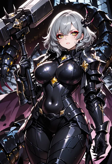 Light armor woman. Grey hair. Short bob hair. Wavy hair. Spiky hair accessory. Yellow eyes. Spider web eyeshadow. Black armor. Spiky. Scorpion motif armor. Large breasts. Belly button. Holding a weapon. Large hammer. Weapon hammer. Sharp claws. Armored arm...